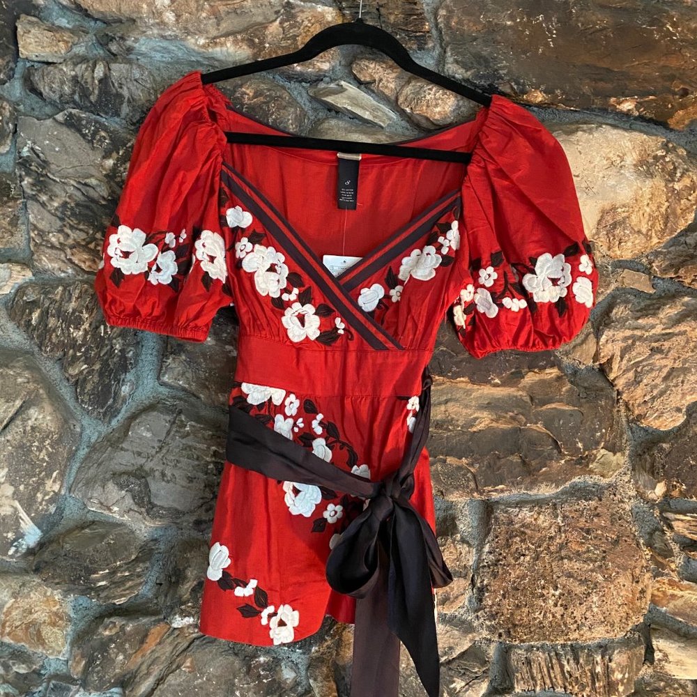 Anthropologie Red Embroidered Blouse by Lithe